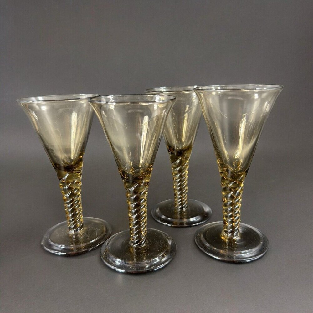 SIMON GATE Smokey Amber Goblet Glasses Spiral Stems Sandvik Orrefors 1920s Set 4 - Picture 3 of 16